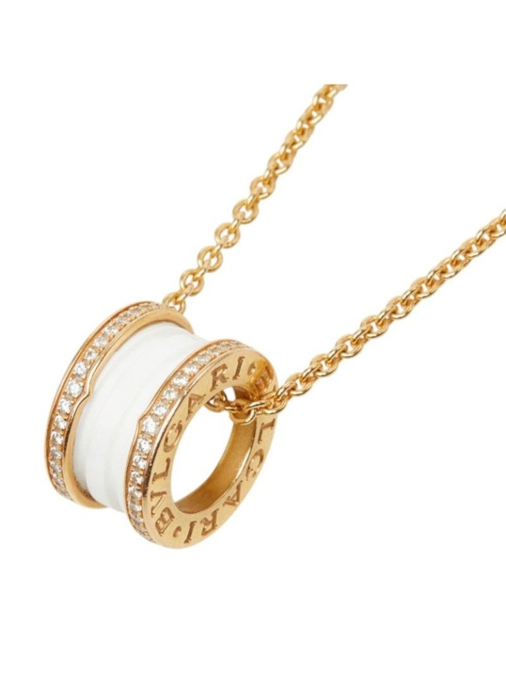 Bvlgari B.zero1 White Ceramic Pave Diamond Necklace Pink Gold 18k